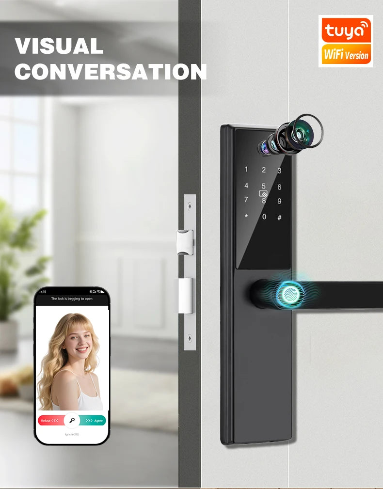 Tuya WiFi Digital Electronic Smart Door Lock with Camera Photo Capture for Residential and Apartment Entrance doors