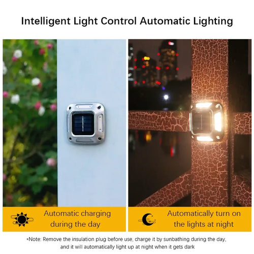 Solar LED outdoor light unit with solar panel, shown for automatic day charging and night use