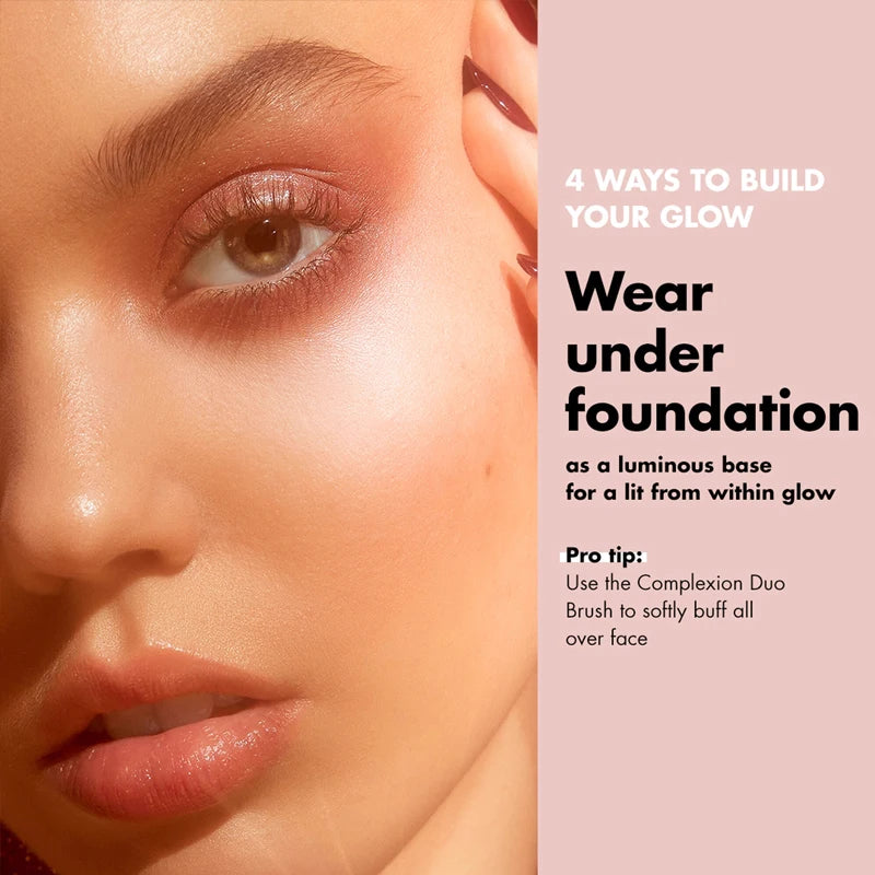 Model with glowing skin, soft-focus luminous texture, and natural pink lips, styled as a radiant makeup base primer.