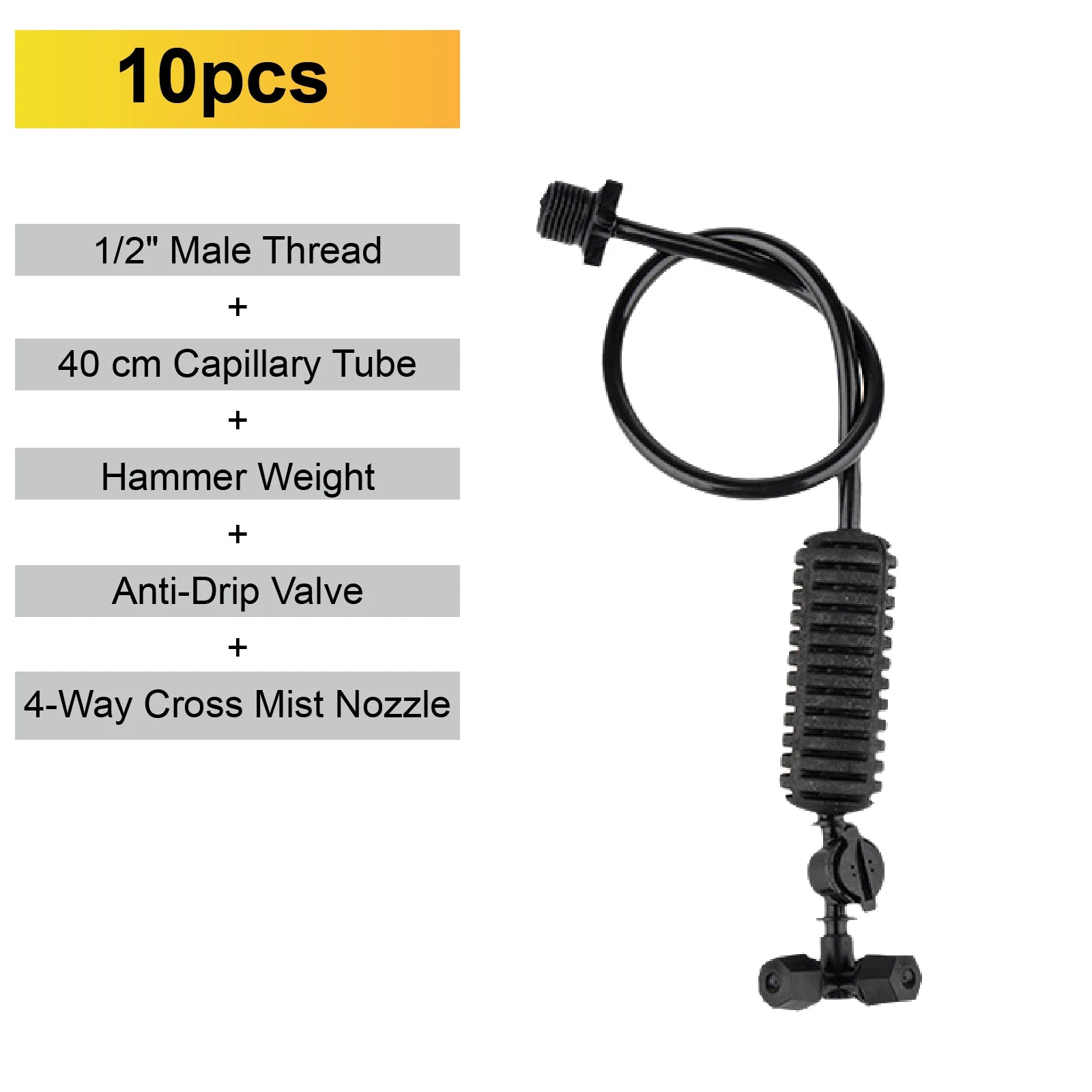4-way cross mist nozzle set with anti-drip valve and black mounting clamp