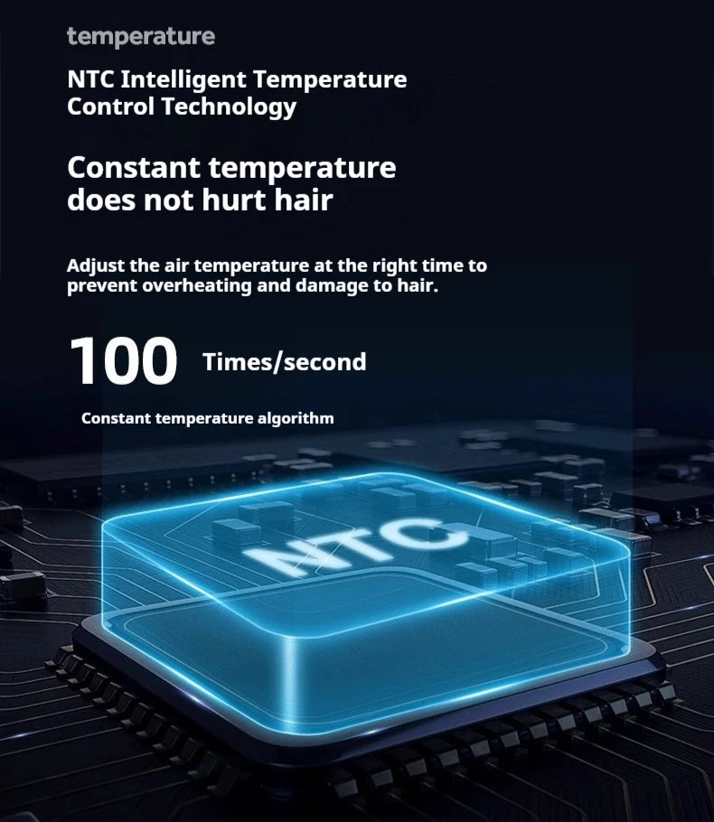 High-speed hair dryer with NTC intelligent temperature control chip for heat protection and constant hair care.