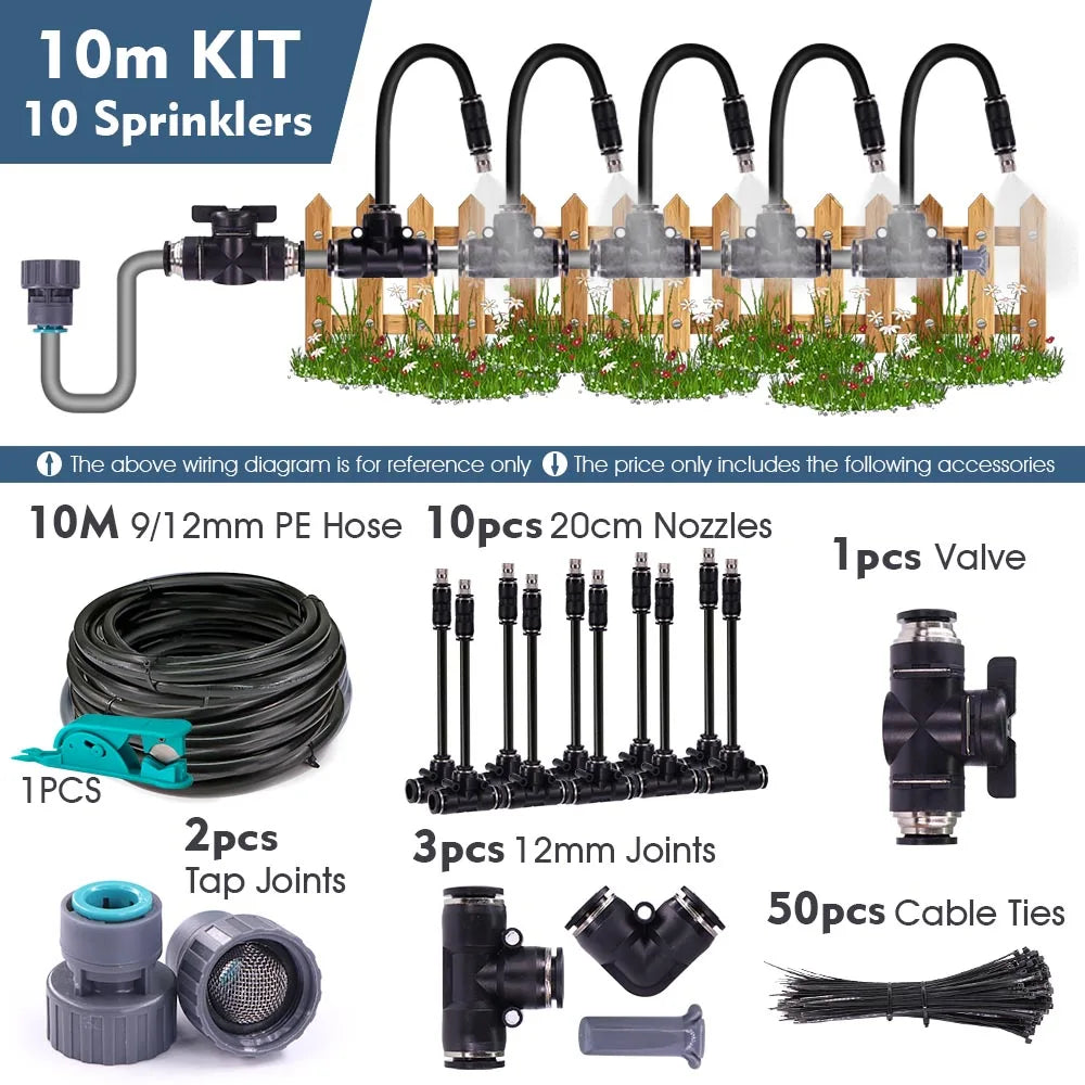 3/8" 9/12mm Misting Cooling System 360° Bend 0.6mm Nozzles Atomizer Sprayers PE Tubing 80 Mesh Filter Garden Irrigation Watering