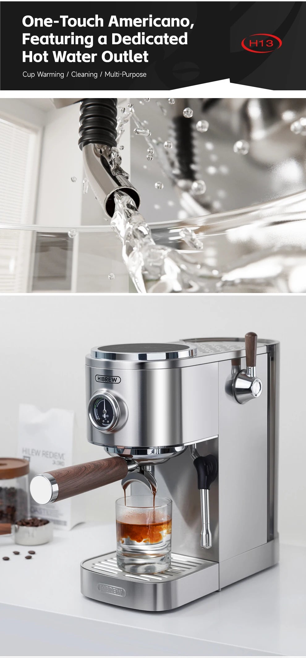 HiBREW H13 stainless steel espresso machine with wood-look handle and hot water outlet pouring coffee into a glass.