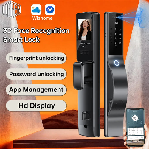 Black smart door lock with keypad, camera panel, and fingerprint unlock sensor light