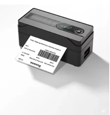 Black desktop thermal label printer with control panel and barcode label