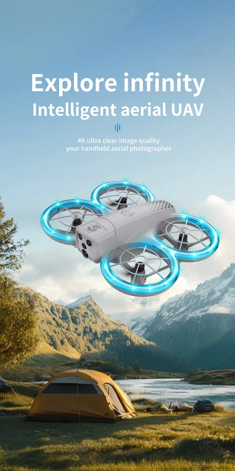 White quadcopter drone with four glowing blue ringed propellers, designed for 4K aerial photography.