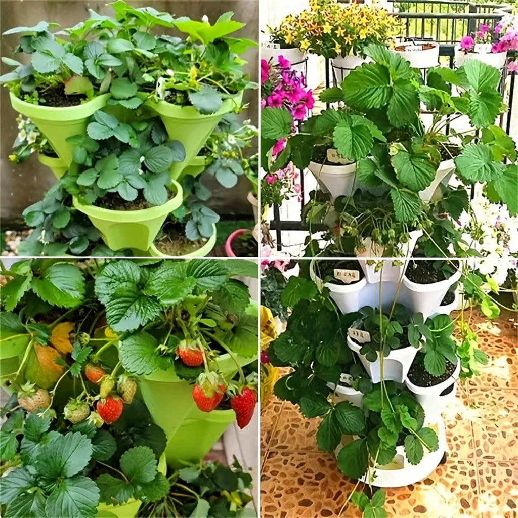 Green and white stackable vertical planter pots with strawberry plants