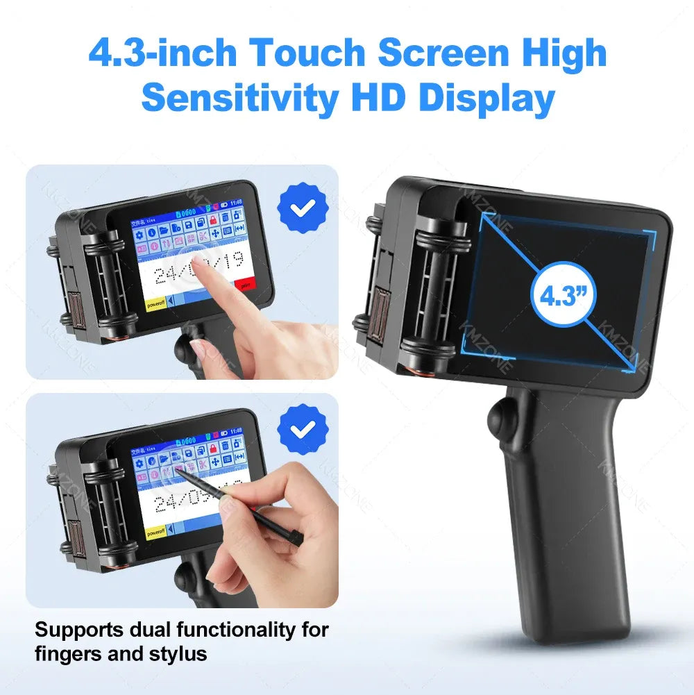 Mini handheld inkjet printer with 4.3-inch touchscreen for barcode and date labels