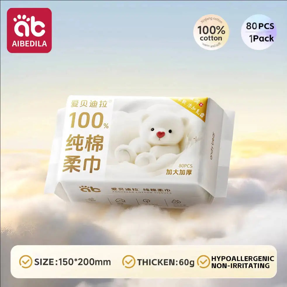 AIBEDILA 100% cotton baby care wipes, 80 count pack. Thick, hypoallergenic, soft Andy Bear design for sensitive skin.