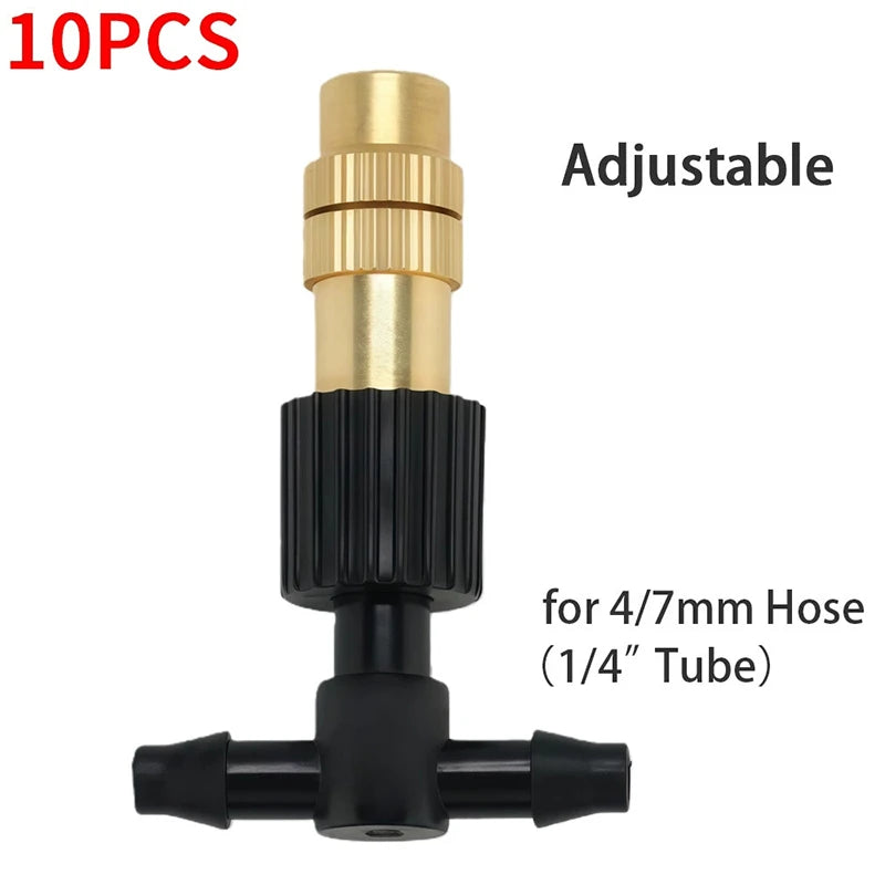 Adjustable brass mist nozzle tee connector, black for 4/7mm hose, 10-pack