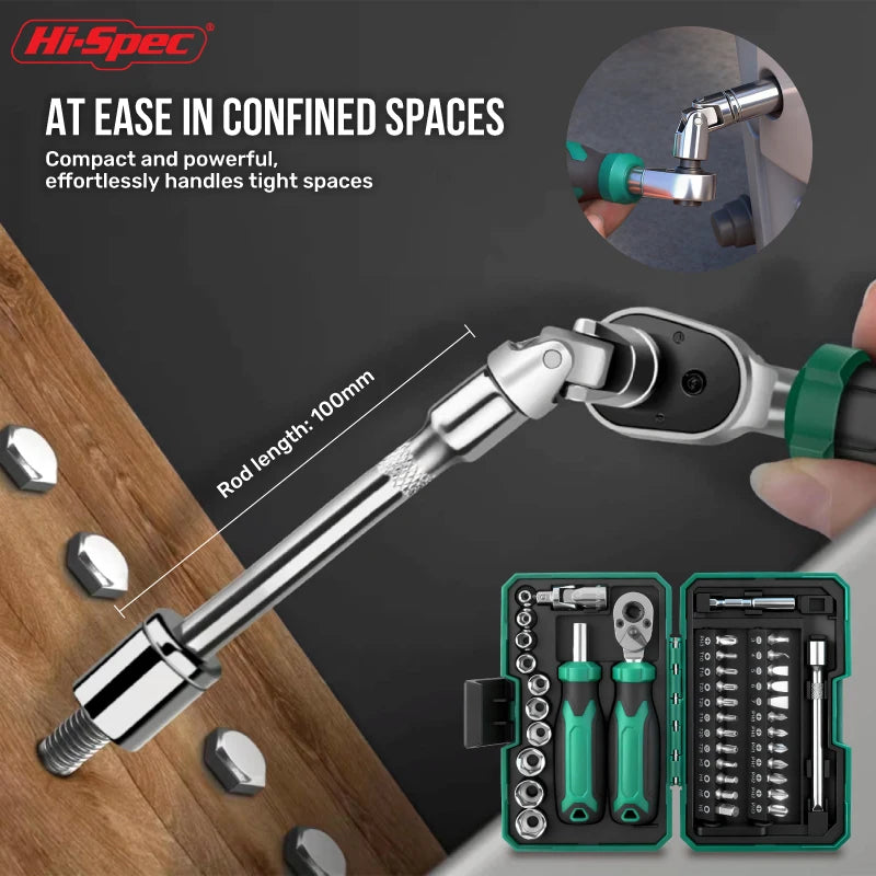 Hi-Spec 1/4" Drive Quick-Release 40 in 1 Ratchet Socket Bit Set Cr-V Steel Phillips/Slotted Screwdrivers for Repair & Hand Tools