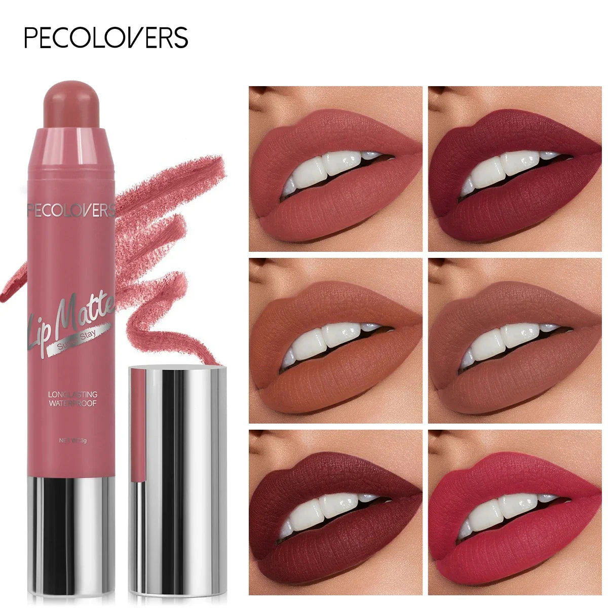 Pecolovers velvet matte lipstick set in nude apricot and various shades, waterproof, long-lasting, non-stick lip makeup.