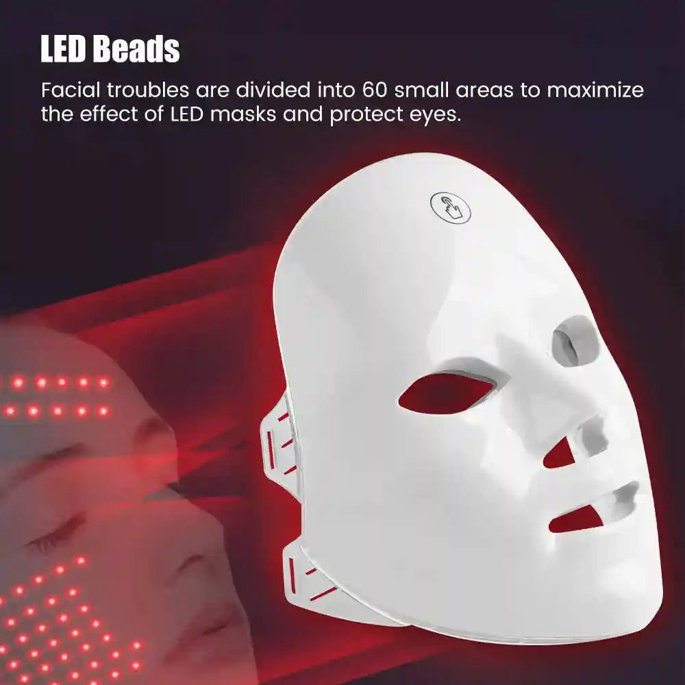 White LED facial mask device showing red light therapy on a woman's face, with a touch sensor icon on the forehead.