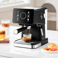 Black and silver espresso machine brewing coffee with digital touch screen and steam wand on a white kitchen counter.