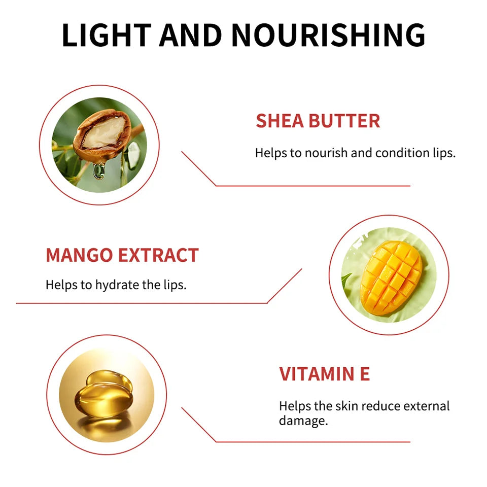 Lakerain Kulfée moisturizing lip oil infographic showing shea butter, mango extract, and Vitamin E for hydrated lips.