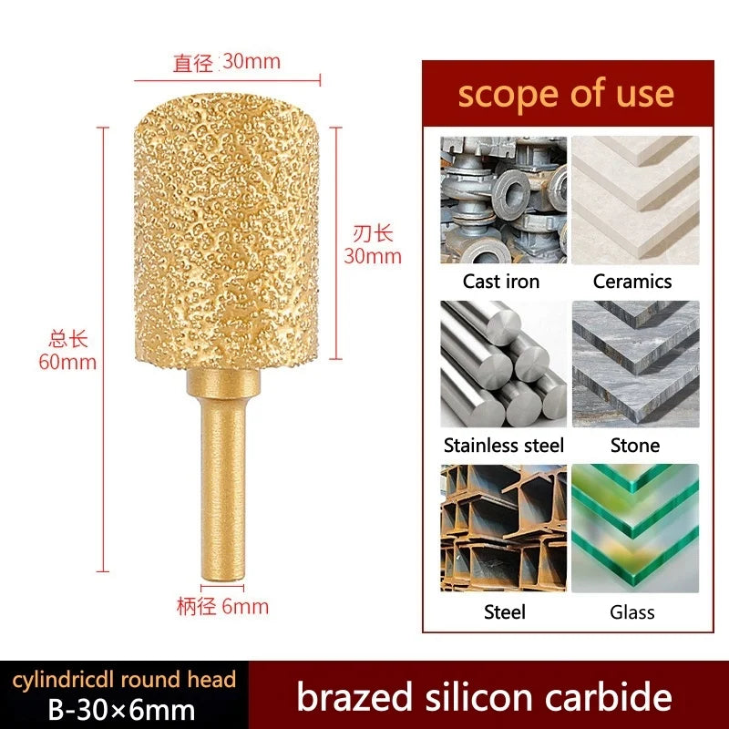 Brazed silicon carbide grinding head, cylindrical round top on 6 mm shank; gold; 30 mm.