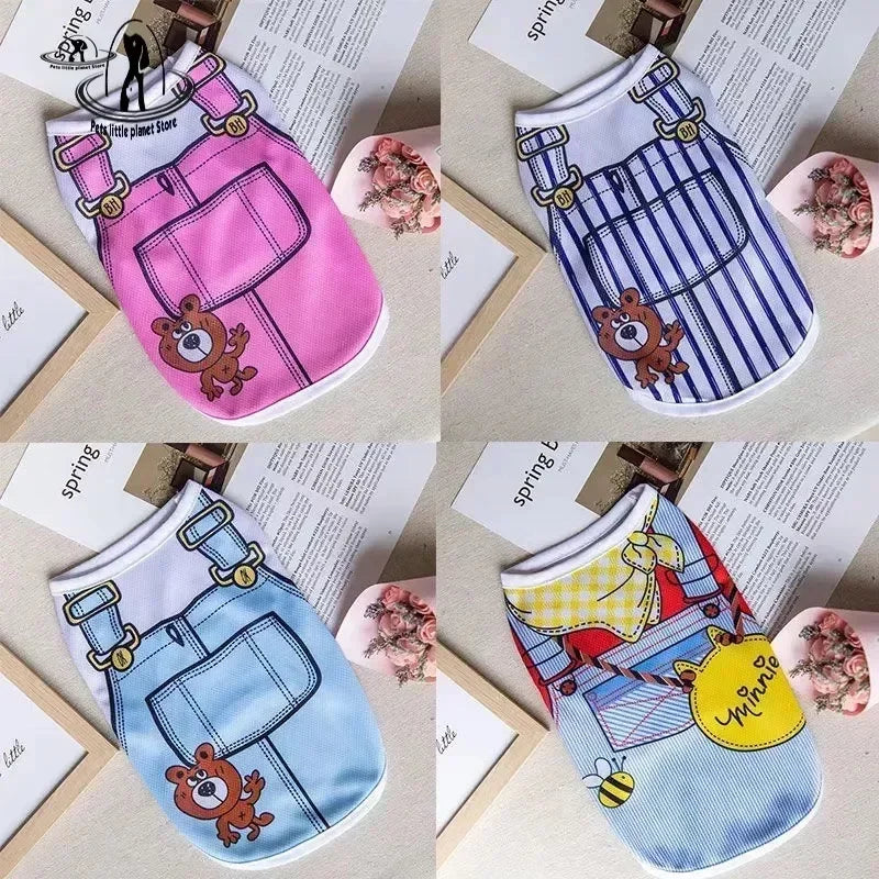 Cute cartoon vest shirts for small dogs and cats. Breathable summer pet clothing with playful designs for comfort.