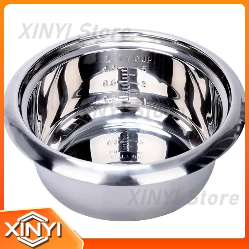 Stainless inner pot with measuring cup markings and rim, for rice cooking