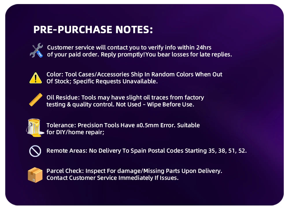 Infographic showing pre-purchase terms for DIY precision tool kits, including shipping, oil residue, and delivery notes.