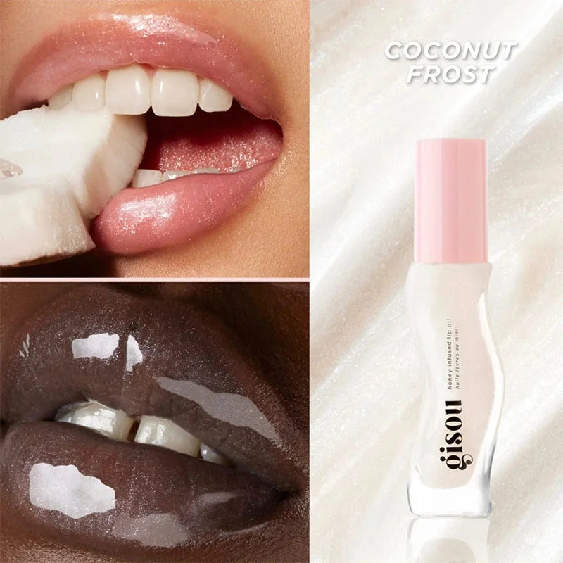 Gisou Coconut Frost Honey Infused Lip Oil with glossy, plumping, shimmering texture on model lips.