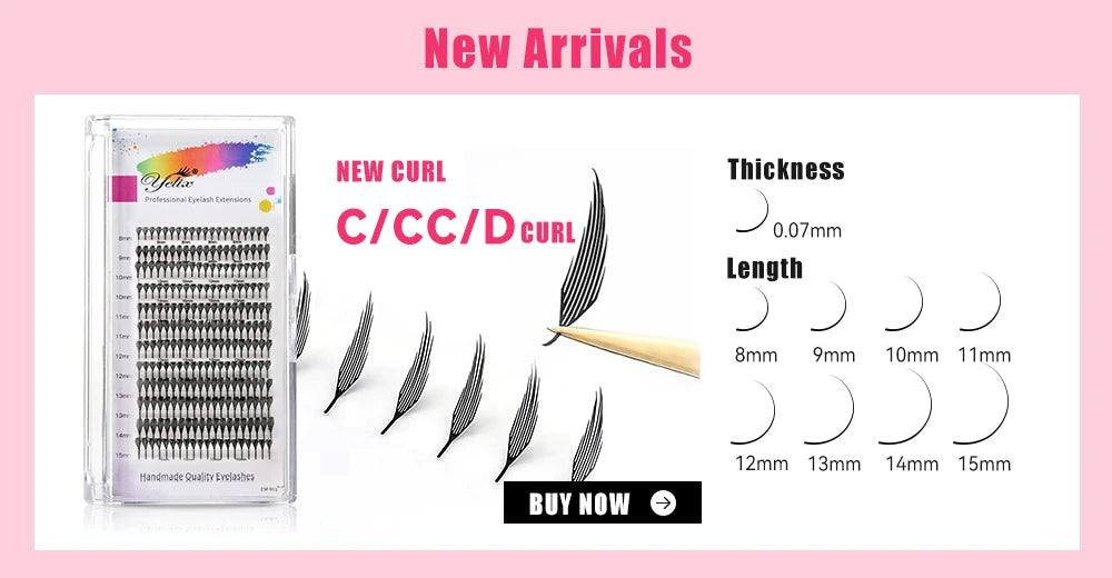 Yelix dark brown 2D Y-lash extension tray with various lengths and C/CC/D curl options for premade volume fans.