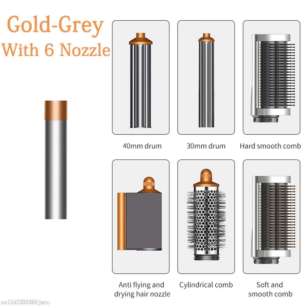 SenCiciMen X9 gold-grey 6-in-1 hair styler with curling barrels, dryer nozzle, and professional styling combs.