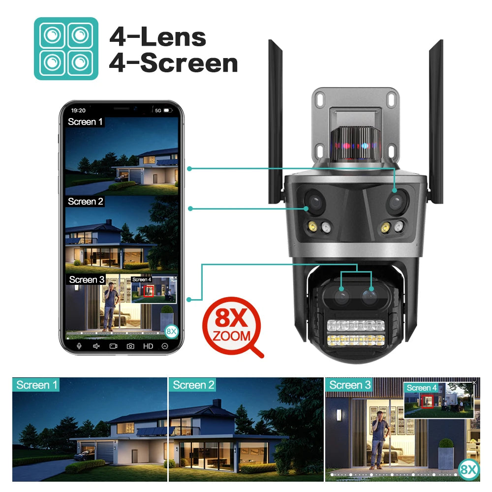 Wifi Camera Outdoor PTZ 4 Lens 4 Screen 8X Hybrid Zoom AI Auto Tracking Linkage Video Bluetooth Security Camera IP iCSee APP