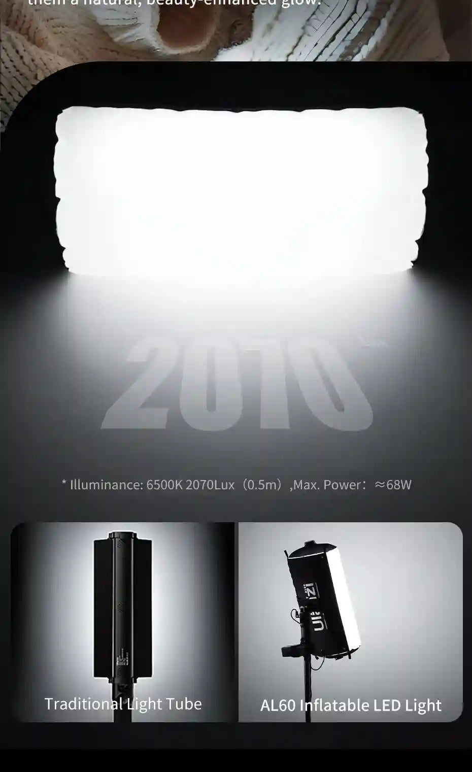 AL60 inflatable LED light with a soft, rectangular white diffuser for portable studio photography lighting.