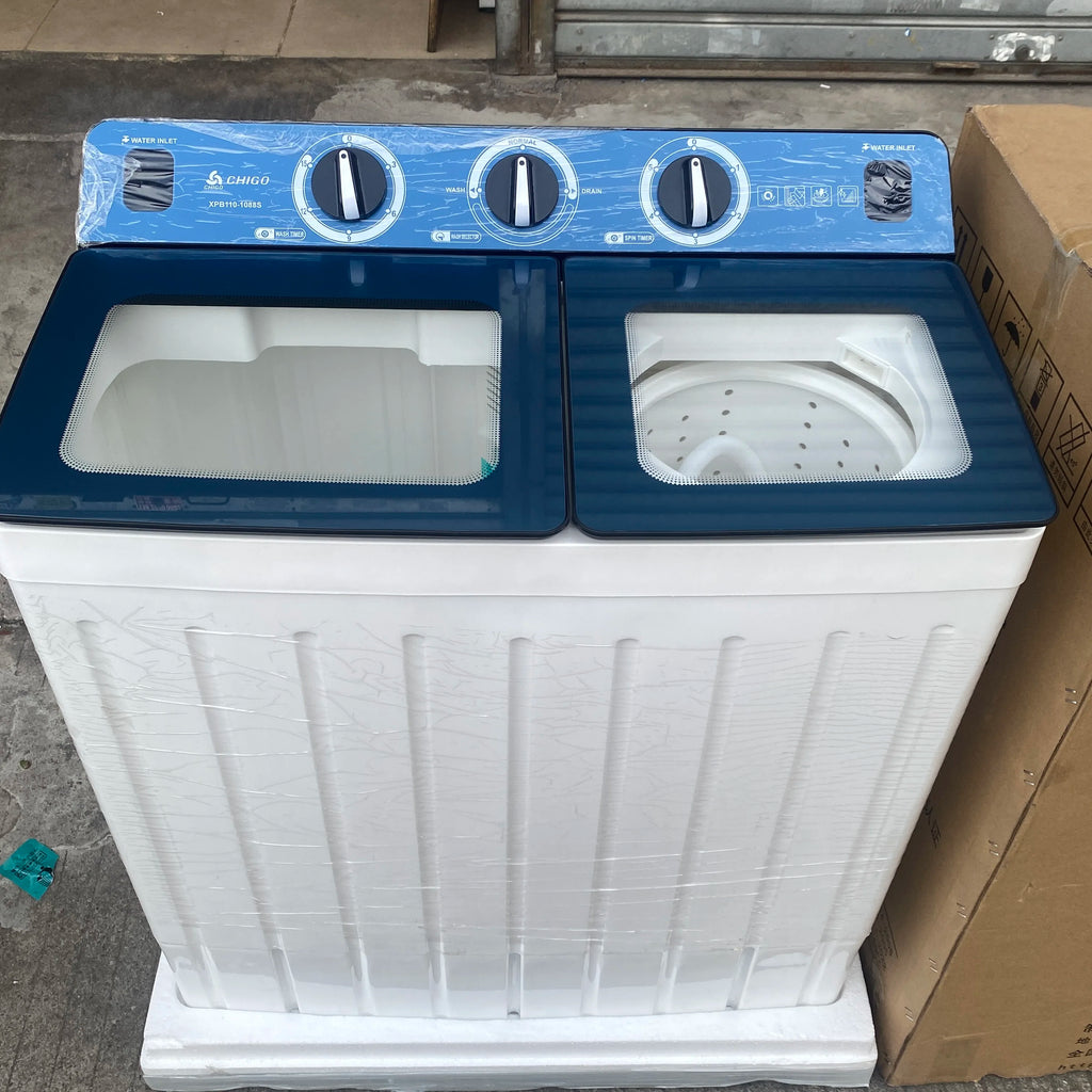 Tidesmit 11kg twin tub washing machine with dual tubs and high performance laundry controls, side angle view.