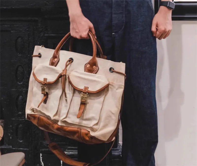 Organizers designers handmade heavy canvas genuine leather men's large-capacity handbags vintage luxury outdoor travel tote bag