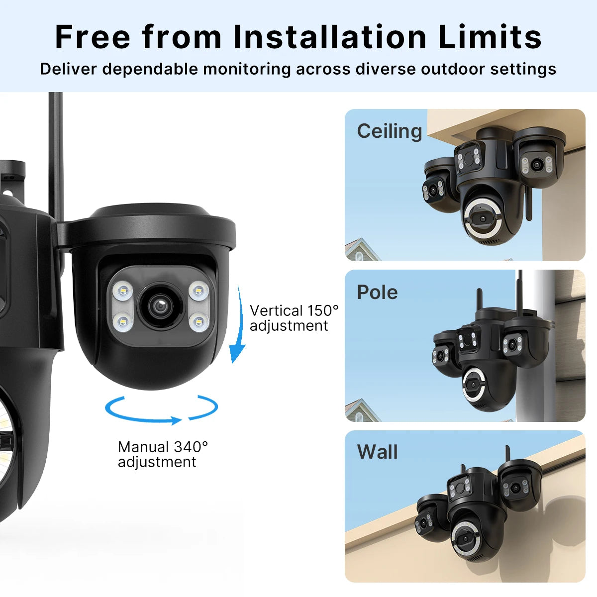 WONSDAR ICSEE WiFi IP Camera Outdoor Three Screen Home Security PTZ Camera CCTV Surveillance AI Human Detection Monitor