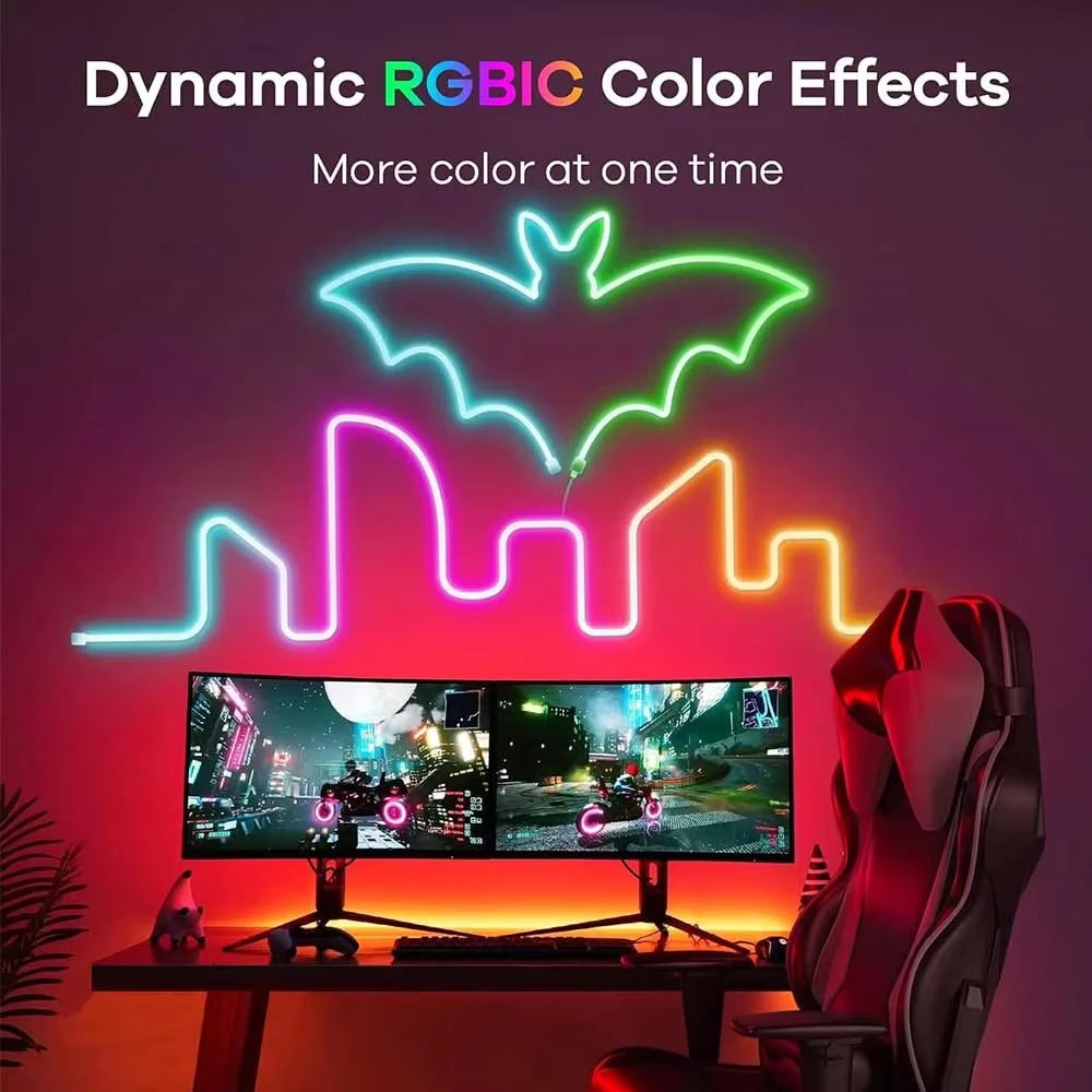 RGBIC neon rope lights forming dynamic bat and citylight shapes