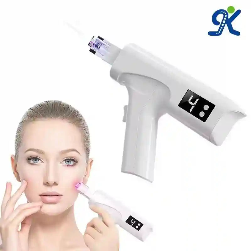 White handheld nano water light beauty device with a digital display, shown being used on a woman's cheek.