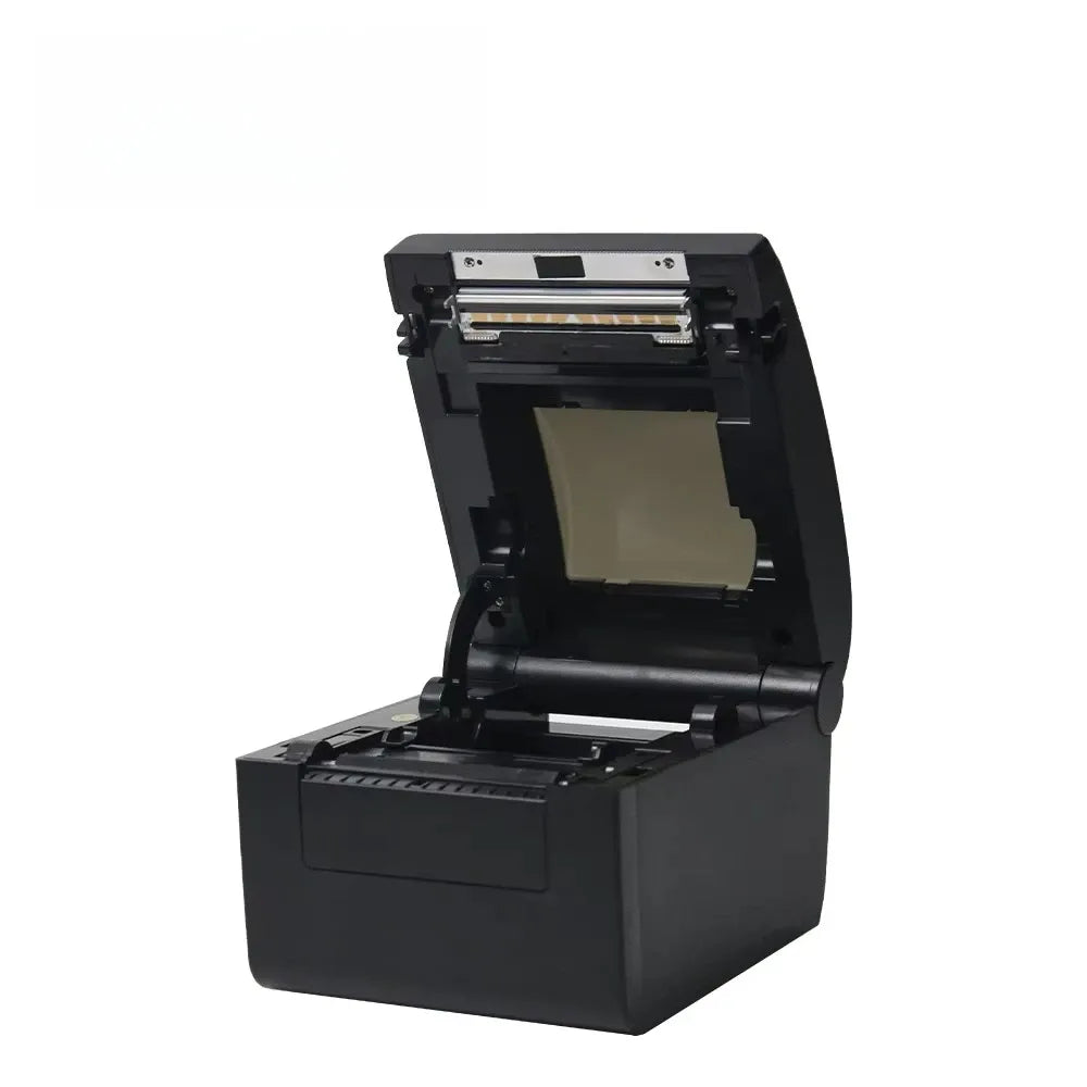 Black thermal label printer with open top and visible paper feed rollers