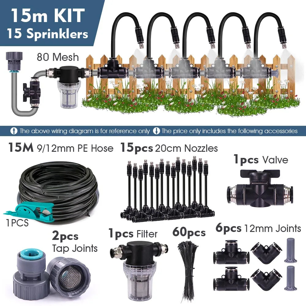 3/8" 9/12mm Misting Cooling System 360° Bend 0.6mm Nozzles Atomizer Sprayers PE Tubing 80 Mesh Filter Garden Irrigation Watering