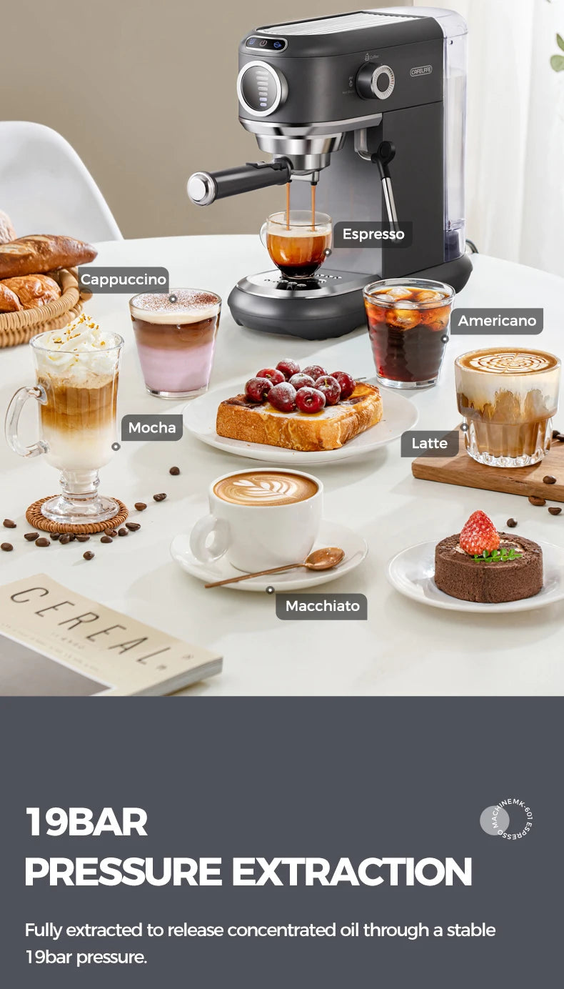 Cafelat 19-bar matte black espresso machine with milk frother, shown brewing coffee surrounded by various cafe drinks.