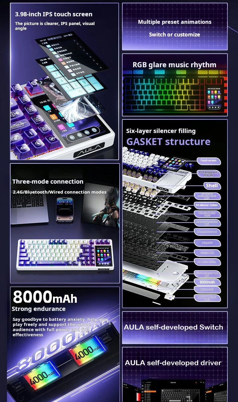 AULA L99 Mechanical Keyboard Intelligent Screen Wireless Bluetooth Gasket Structure Gaming Keyboard RGB  Lighting Night Vision