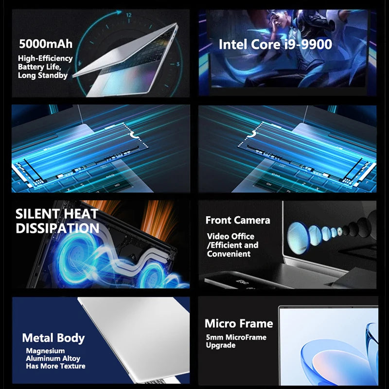 15.6 Inch Ultra Slim Windows 11 Laptop Computer 32GB RAM 512GB 1TB SSD Intel i9 9900 Notebook Gamer 1920x1080 Office PC Max Pro