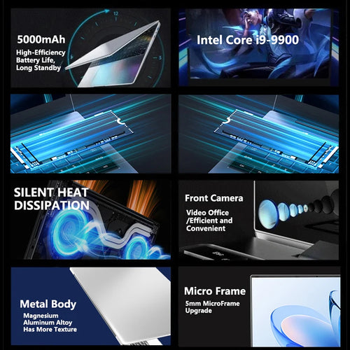 Silver ultra-slim laptop with metal body, micro-frame display, integrated cooling, and front-facing camera.