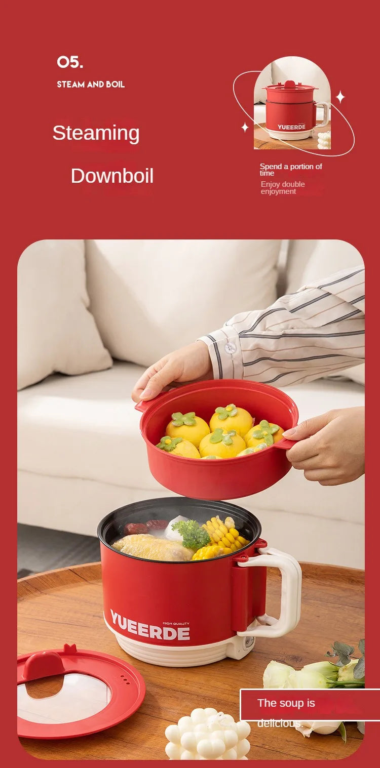 Red YUEERDE electric hot pot with steaming soup and two handles for serving