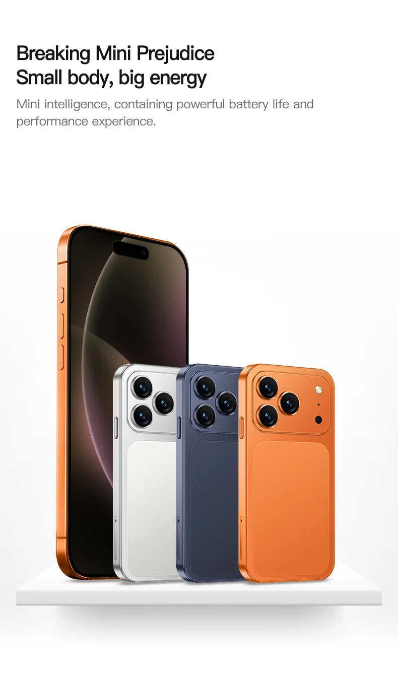 ONEMYTH A18 Pro 4G mini smartphone in silver, blue, and orange. Back view showing dual cameras and compact design.