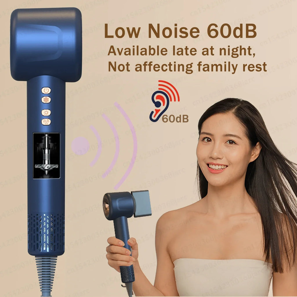 Blue 1600W leafless negative ion hair dryer with silent 60dB motor, styling nozzle, and professional ergonomic design.