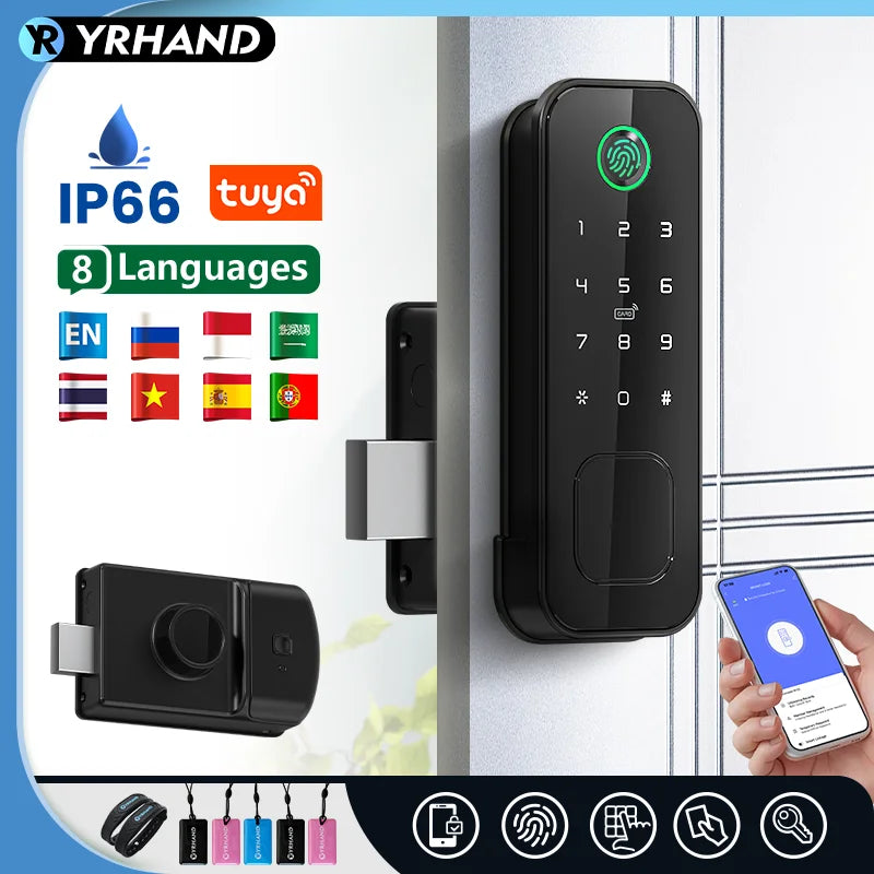 YRHAND Tuya wifi 8 language Fingerprint IP66 Waterproof Outdoor Gate Passcode Rfid Card Keyless Smart Rim Lock﻿ ﻿For home