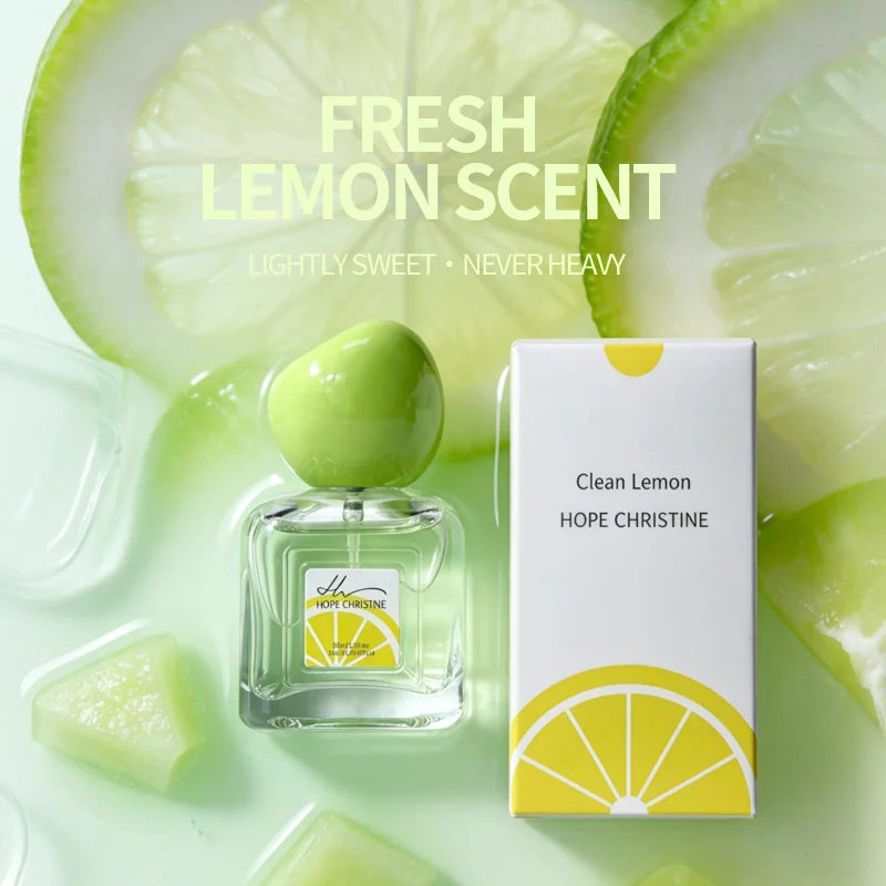 Hope Christine Clean Lemon EDP for women: fresh citrus, pomelo, vanilla coconut scent in a square bottle with green cap.