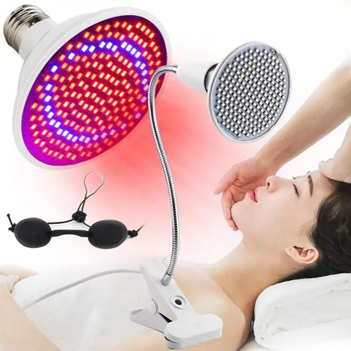 Red light therapy LED bulb device on a clip-on gooseneck stand for wellness, facial rejuvenation, and skin health.