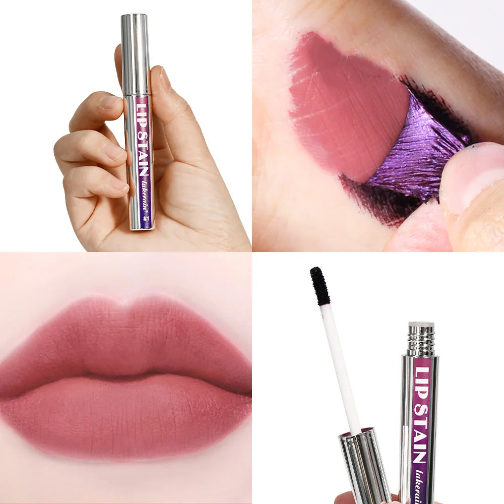 Waterproof peel-off lip stain with matte finish. Long-lasting, transfer-proof, non-stick mauve tint showing application.