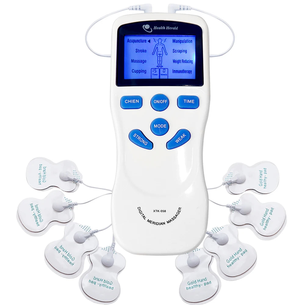 White dual channel TENS EMS pulse massager with digital LCD screen, 8 therapy modes, and 8 electrode massage pads.