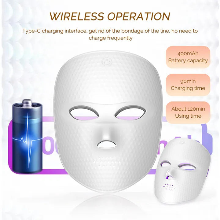 White wireless LED beauty face mask with a textured finish, shown with battery icons and technical charging specs.