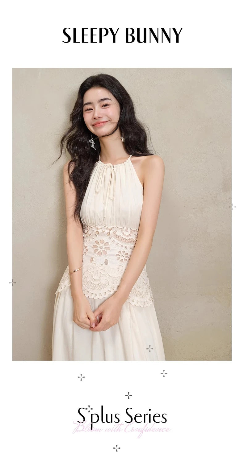 Lace Halter Maxi Dress Women Summer A-Line Slim Fit French Style Elegant Long Dress Hollow Out Sleeveless Fake Two-Piece Outfit