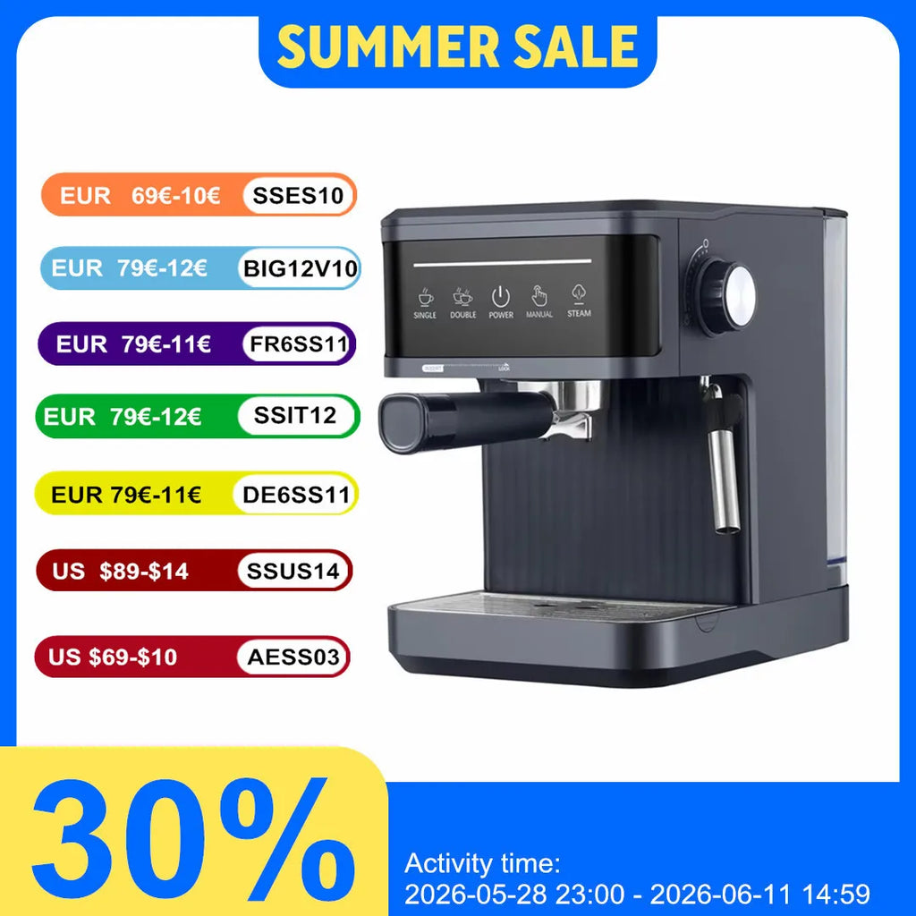 Compact matte grey espresso machine with steam wand and digital touch control panel on summer sale background.